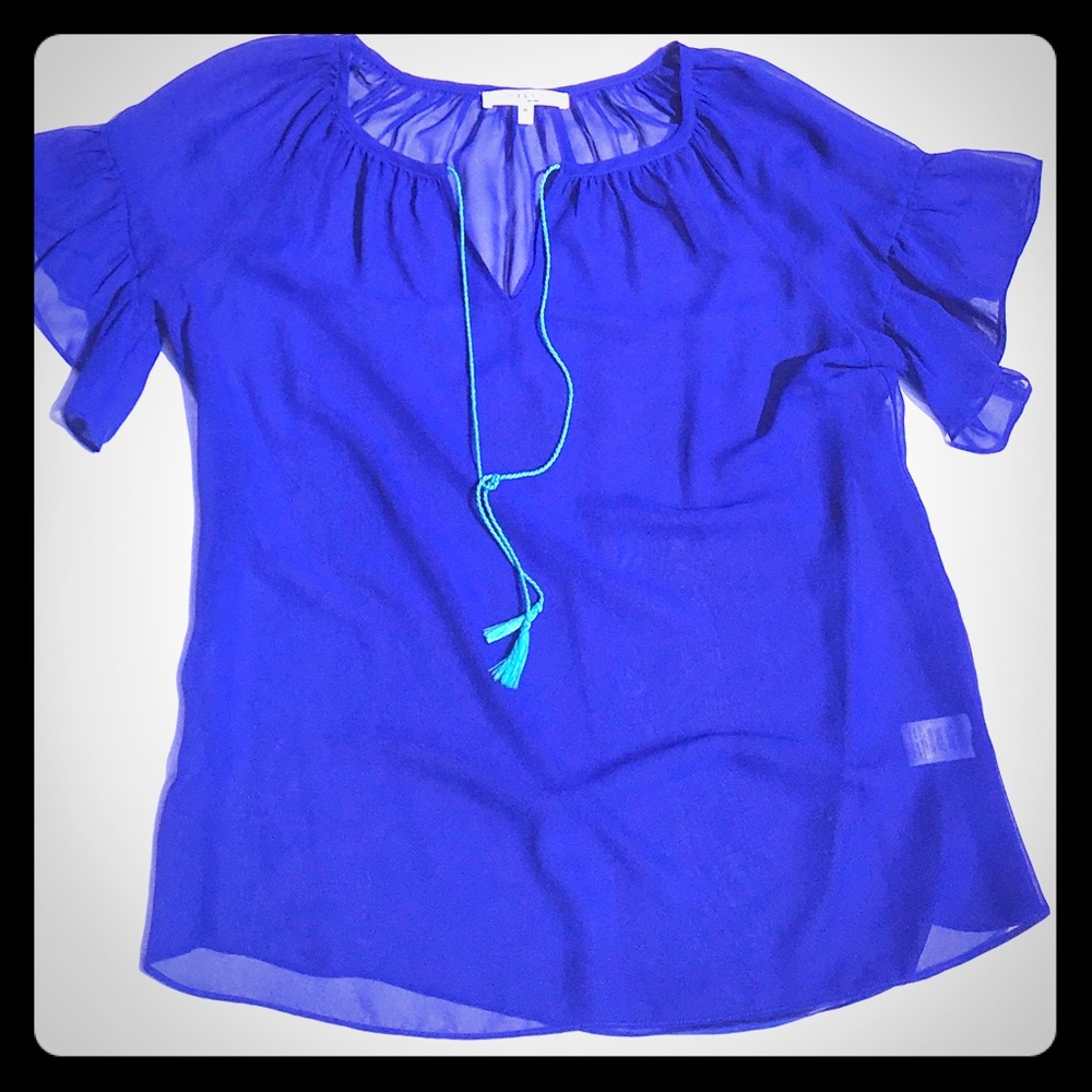 Sheer V Neck Blouse with Turquoise Tassles